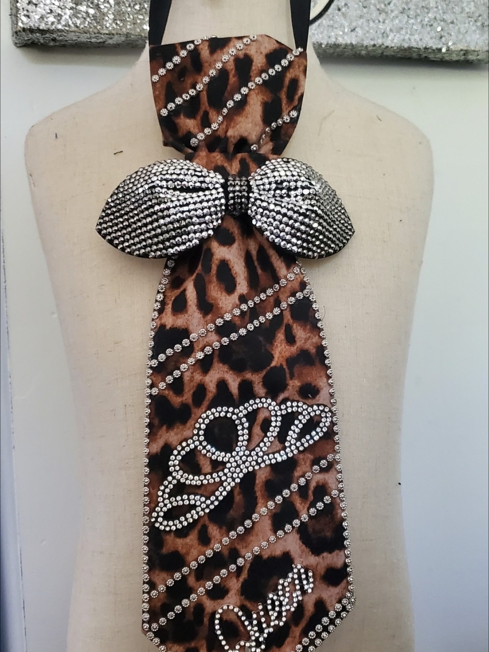 Leopard Print Crystal-Embellished Bow Scarf - Brown